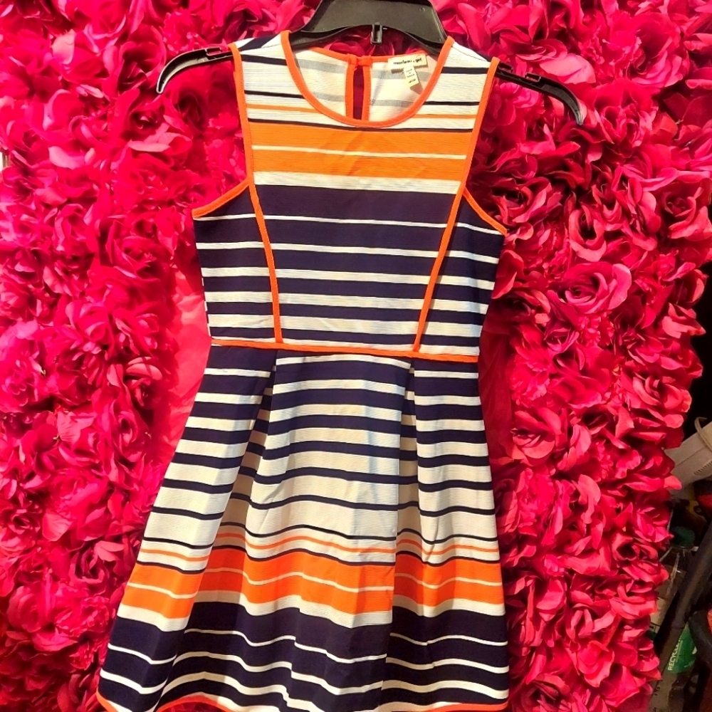 Monteau Girl Size 10/12 Girls Orange, Black and White Horizontal Striped Dress